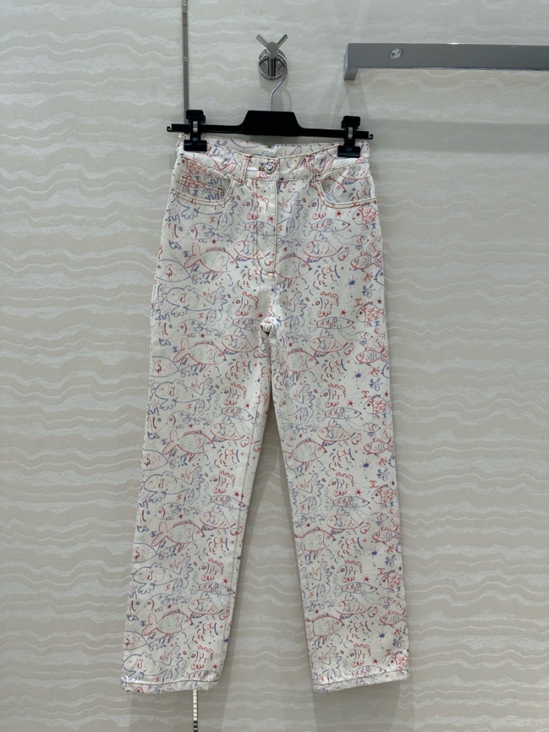 Chanel Coco Girl Printed Fish Doodle Denim Straight-Leg Jeans