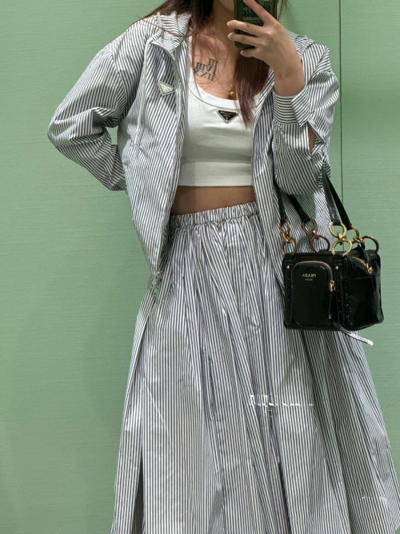 Prada Striped Hooded Jacket and A-Line Skirt Set – Fresh Spring Look