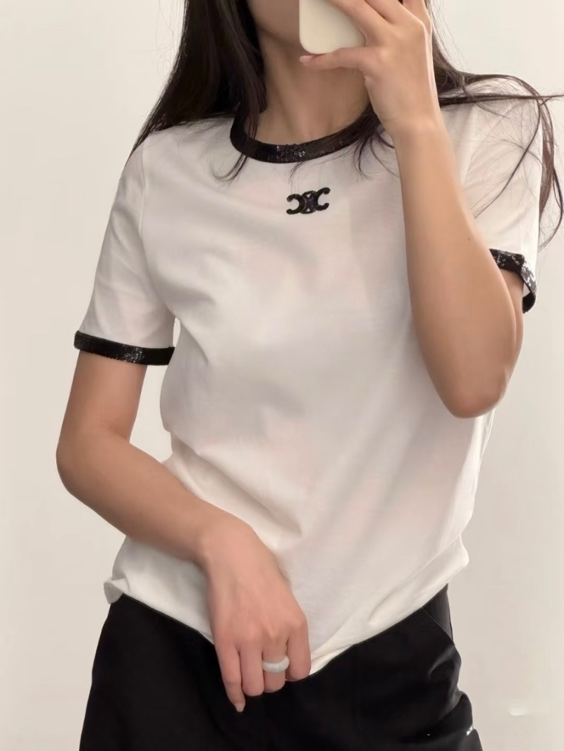 Celine Triomphe Embroidered Sequin-Trim Short-Sleeve T-Shirt