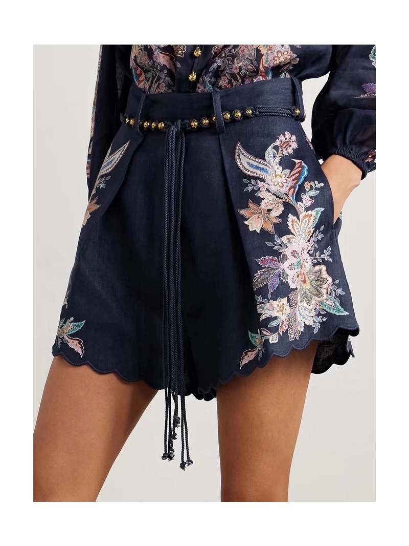 Zimmermann Exclusive Limited-Edition 25SS Navy Paisley Linen Embroidered Shorts