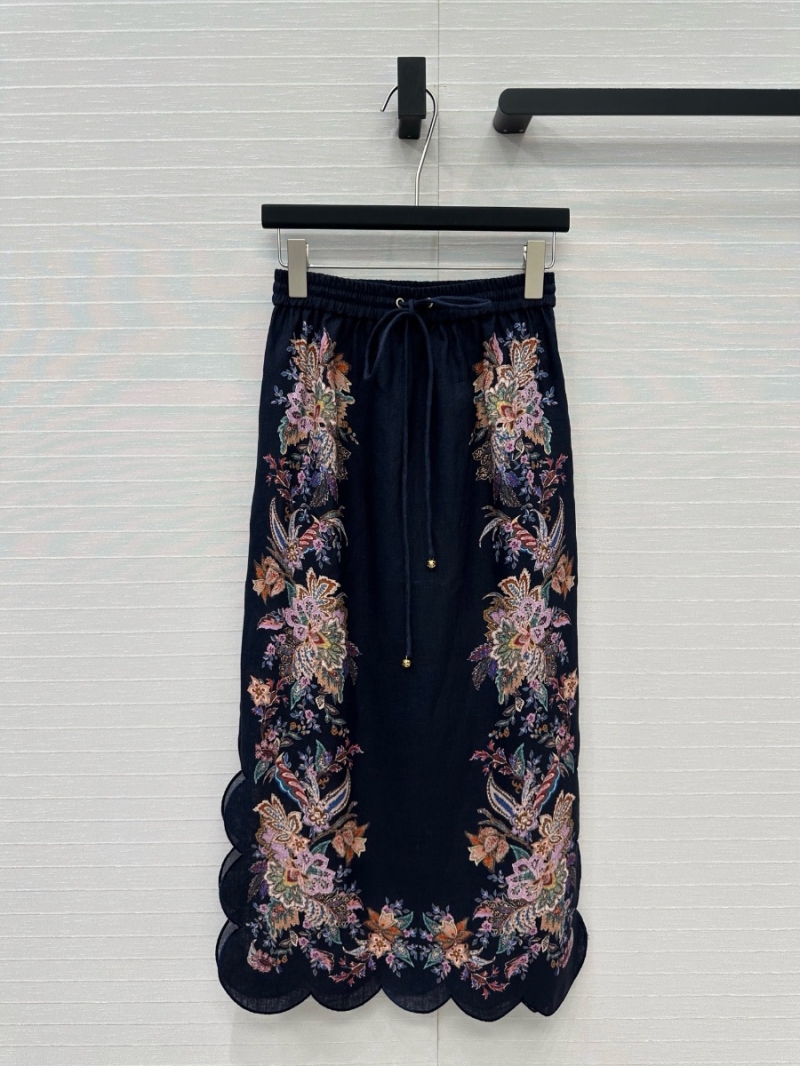 Zimmermann Exclusive Limited-Edition Navy Paisley Linen Scalloped Midi Skirt