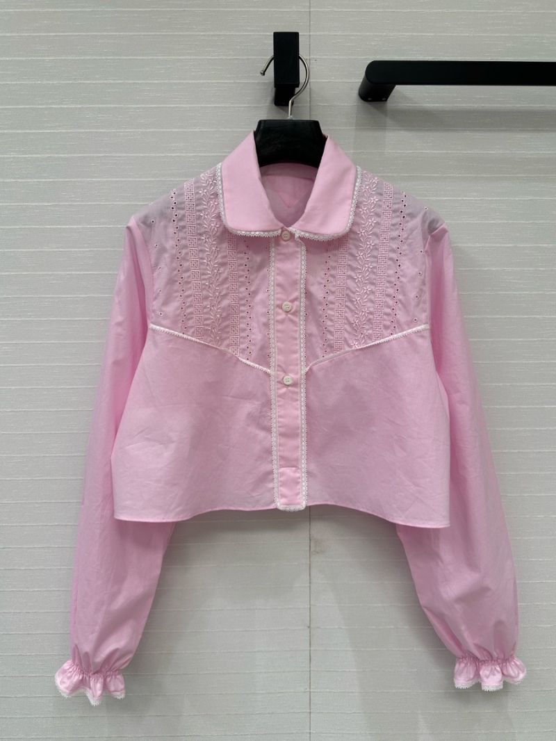 Prada France Pink Lace-Trim Cropped Shirt