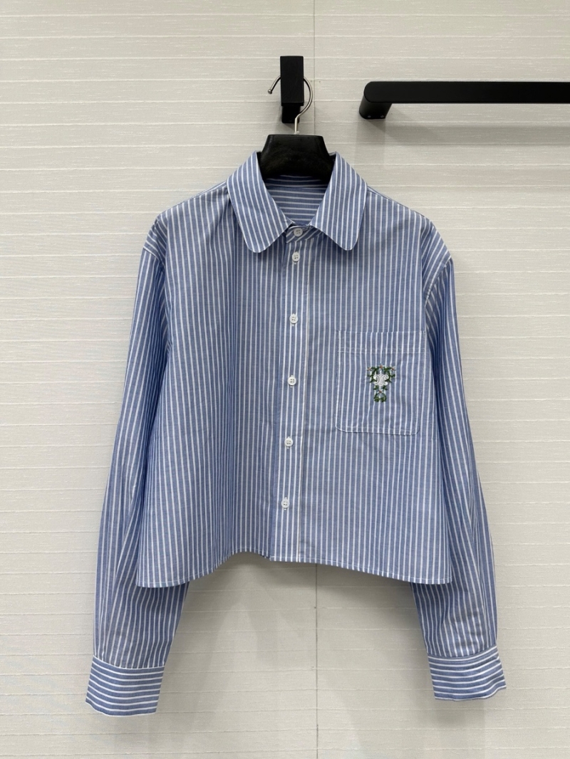 Celine 25SS Striped Cropped Shirt with Floral Embroidered Pocket