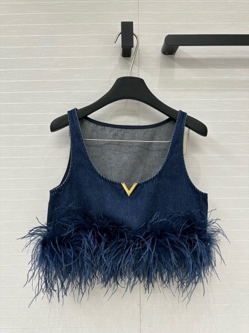 Valentino Exclusive Limited-Edition Ostrich Feather Trim Denim Crop Top