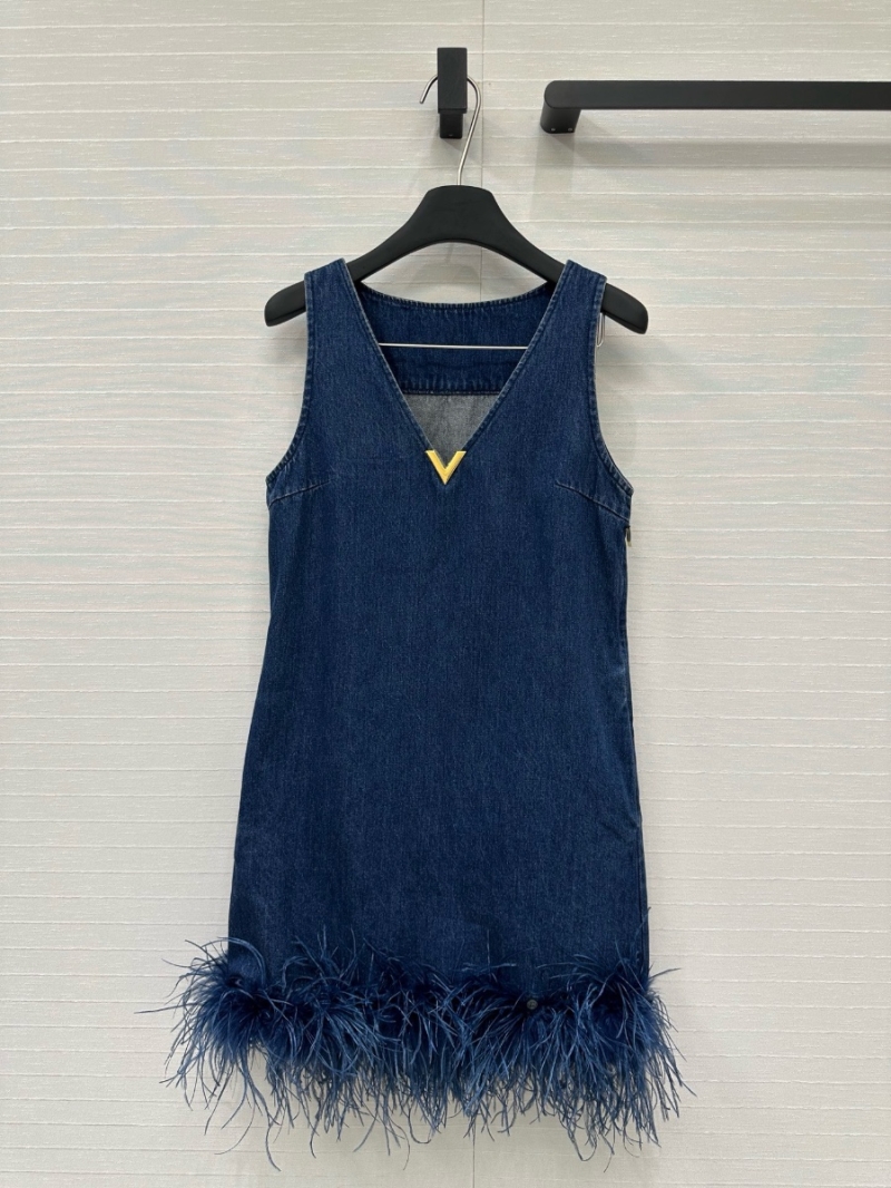 Valentino Exclusive Limited-Edition Ostrich Feather Trim Denim Sleeveless Dress