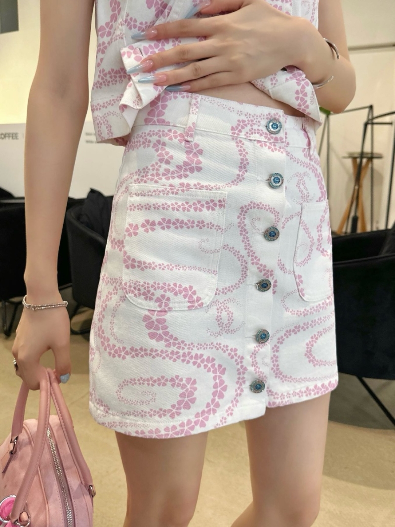 Chanel Coco Beach “Serpentine Totem” Petal Wave Print Denim Button-Front Mini Skirt
