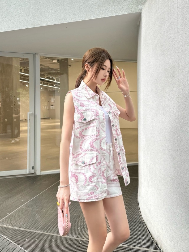 Chanel Coco Beach “Serpentine Totem” Petal Wave Print Denim Vest Jacket Pink