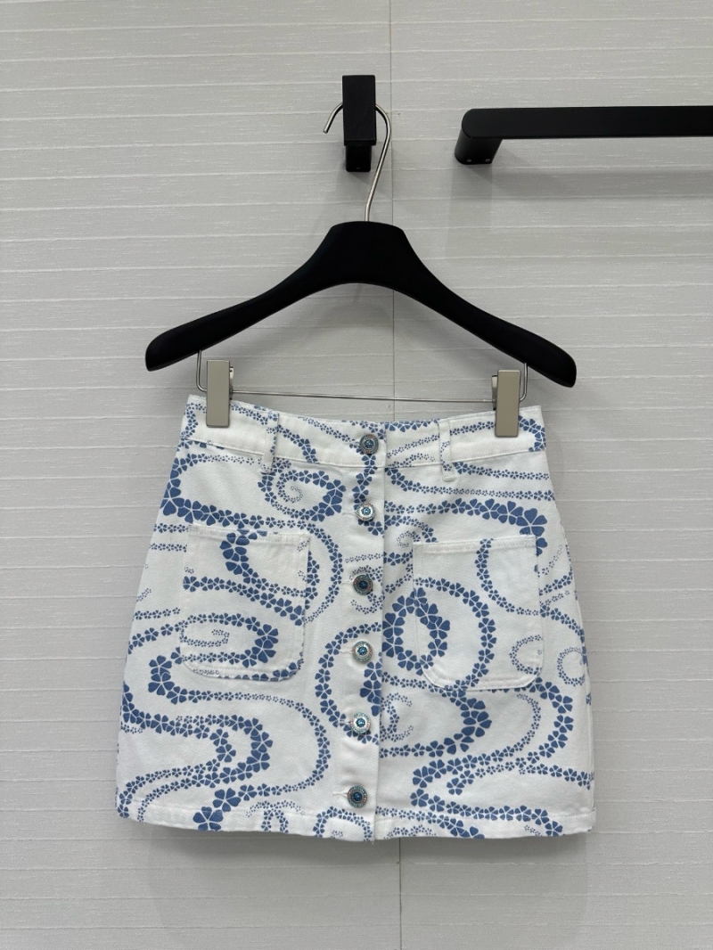 Chanel Coco Beach “Serpentine Totem” Petal Wave Print Denim Button-Front Mini Skirt Blue