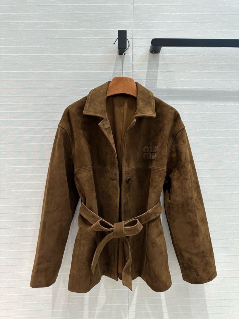 Miu Miu Belted Turn-Down Collar Shirt-Style Suede Leather Jacket