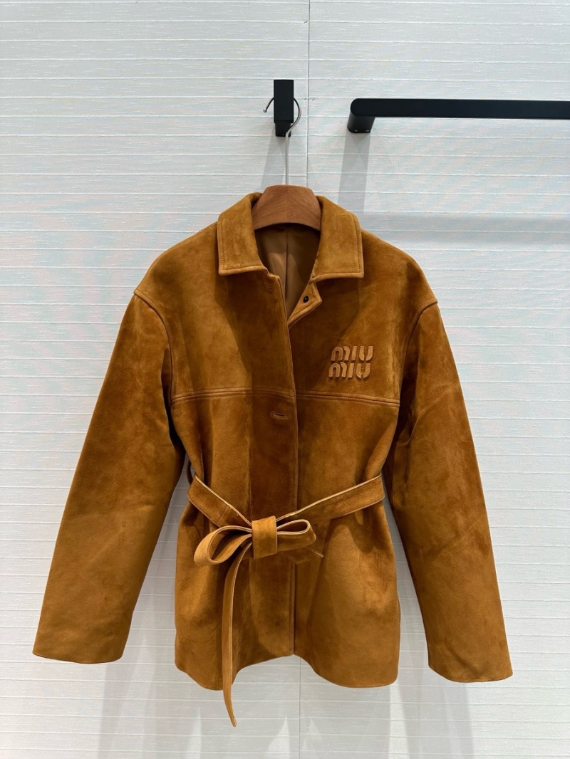 Miu Miu Belted Turn-Down Collar Shirt-Style Suede Leather Jacket Gold Brown