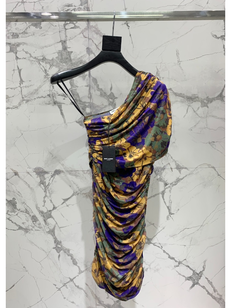 Saint Laurent YSL Single-Shoulder Floral Dress