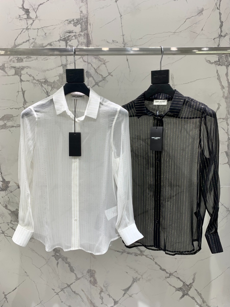 SAINT LAURENT 2024 New Collection Elegant Sheer Silk Blouse in Black/White Stripe