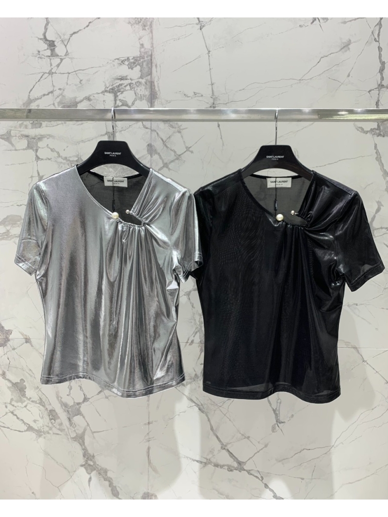 SAINT LAURENT 2024 Summer Metallic Gold Pleated Top Grey