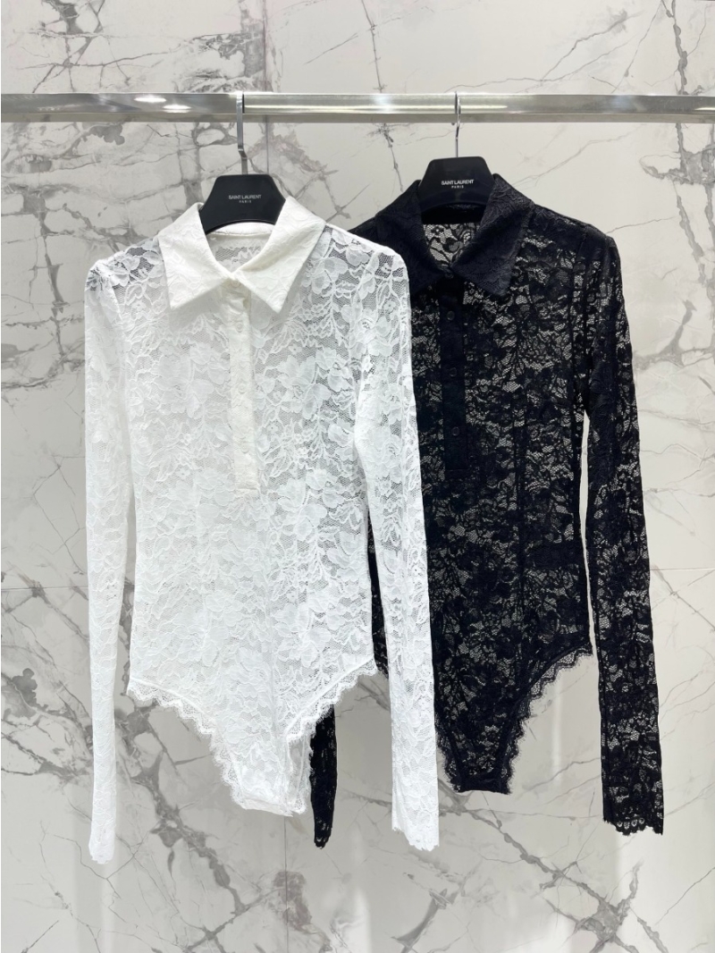 Saint Laurent Floral Lace Jacquard Long Sleeve Bodysuit in black