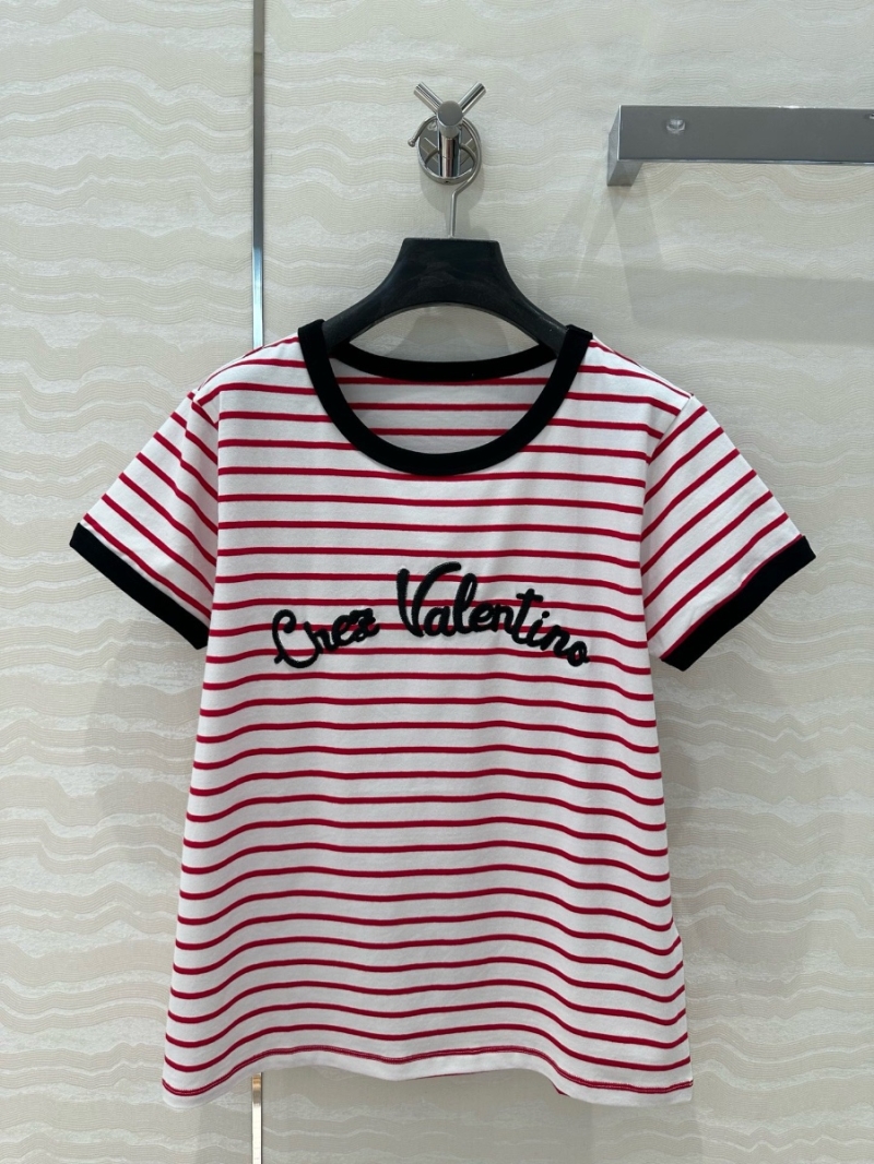 Valentino 2025 Early Spring Striped Embroidered Cotton T-Shirt Red