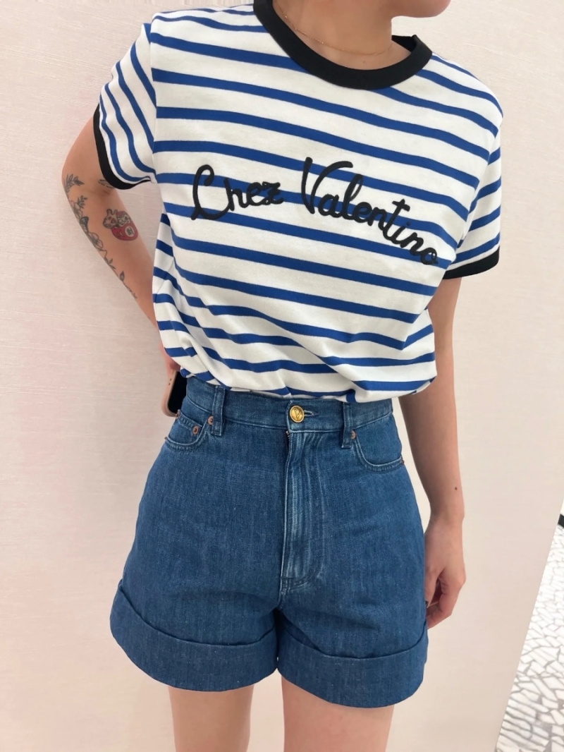 Valentino 2025 Early Spring Striped Embroidered Cotton T-Shirt Blue