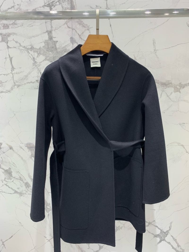 Hermes Cashmere Coat with Tie Belt - Short Style 2023 Collection Black