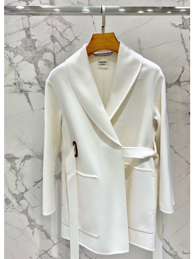 Hermes Cashmere Coat with Tie Belt - Short Style 2023 Collection White