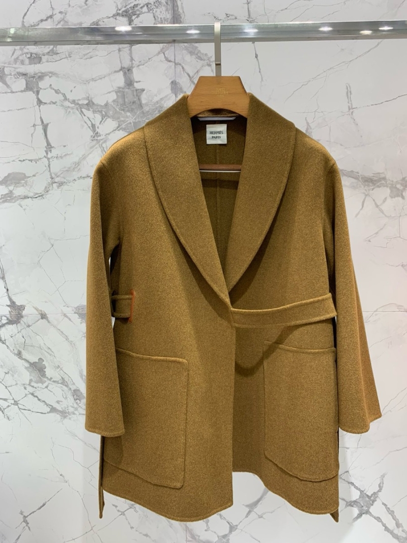 Hermes Cashmere Coat with Tie Belt - Short Style 2023 Collection Brown