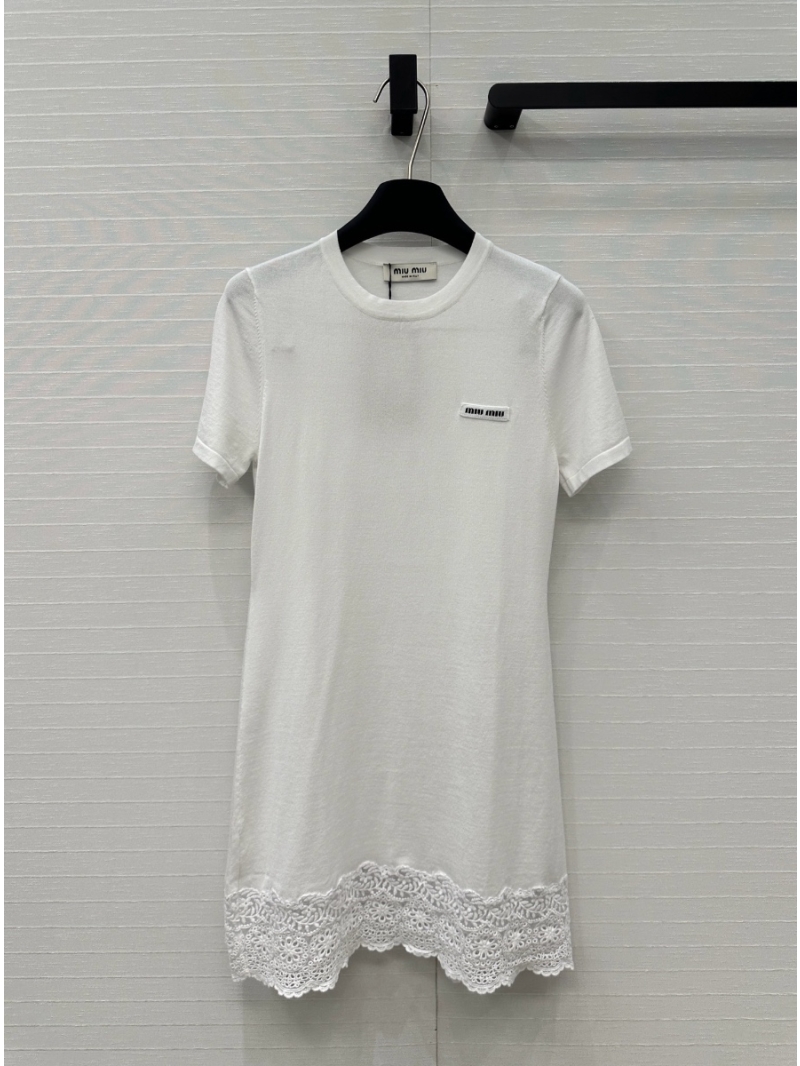 Miu Miu Ultra-Fine Knit Short-Sleeve Lace-Trim Dress White