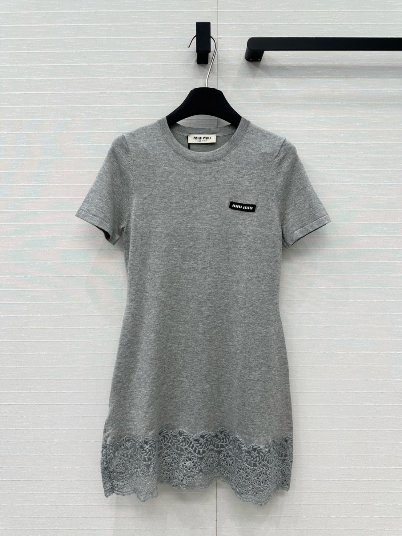 Miu Miu Ultra-Fine Knit Short-Sleeve Lace-Trim Dress Grey
