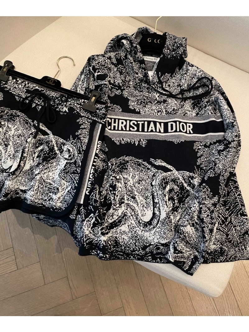 Dior Jungle Collection Cashmere Knit Set Hoodie and Shorts Black