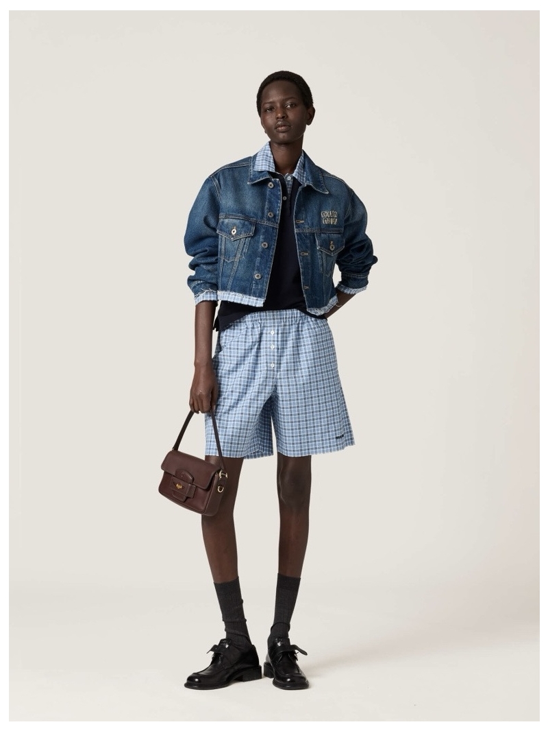 Miu Miu 25FW Washed Denim Cropped Jacket with Contrast Layer