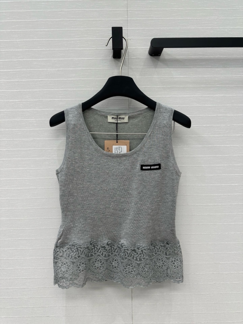 Miu Miu Ultra-Fine Knit Lace-Trim Tank Top Grey