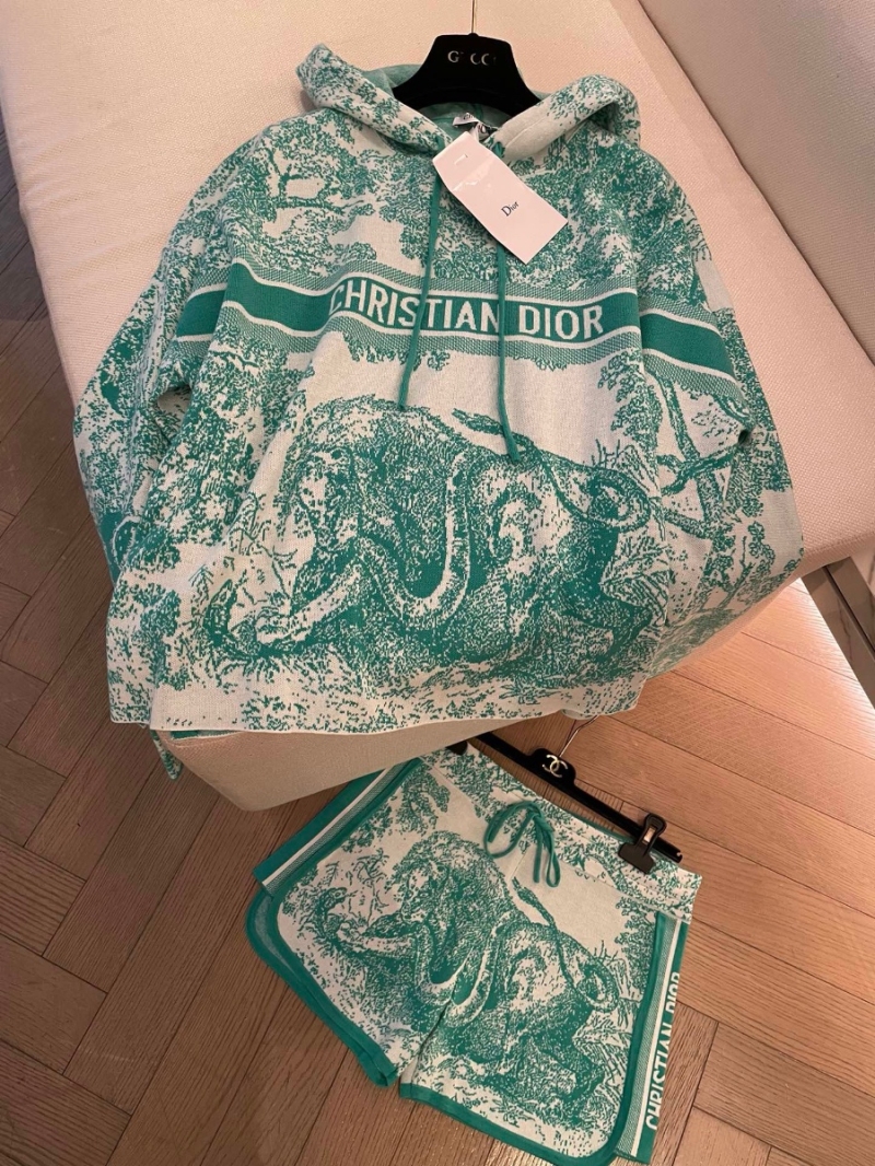 Dior Jungle Collection Cashmere Knit Set Hoodie and Shorts Green