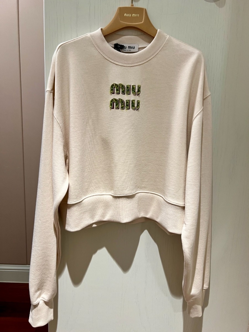 Miu Miu 24 Early Spring Collection Embellished Logo Letter Sequin Pullover Sweatshirt in Green