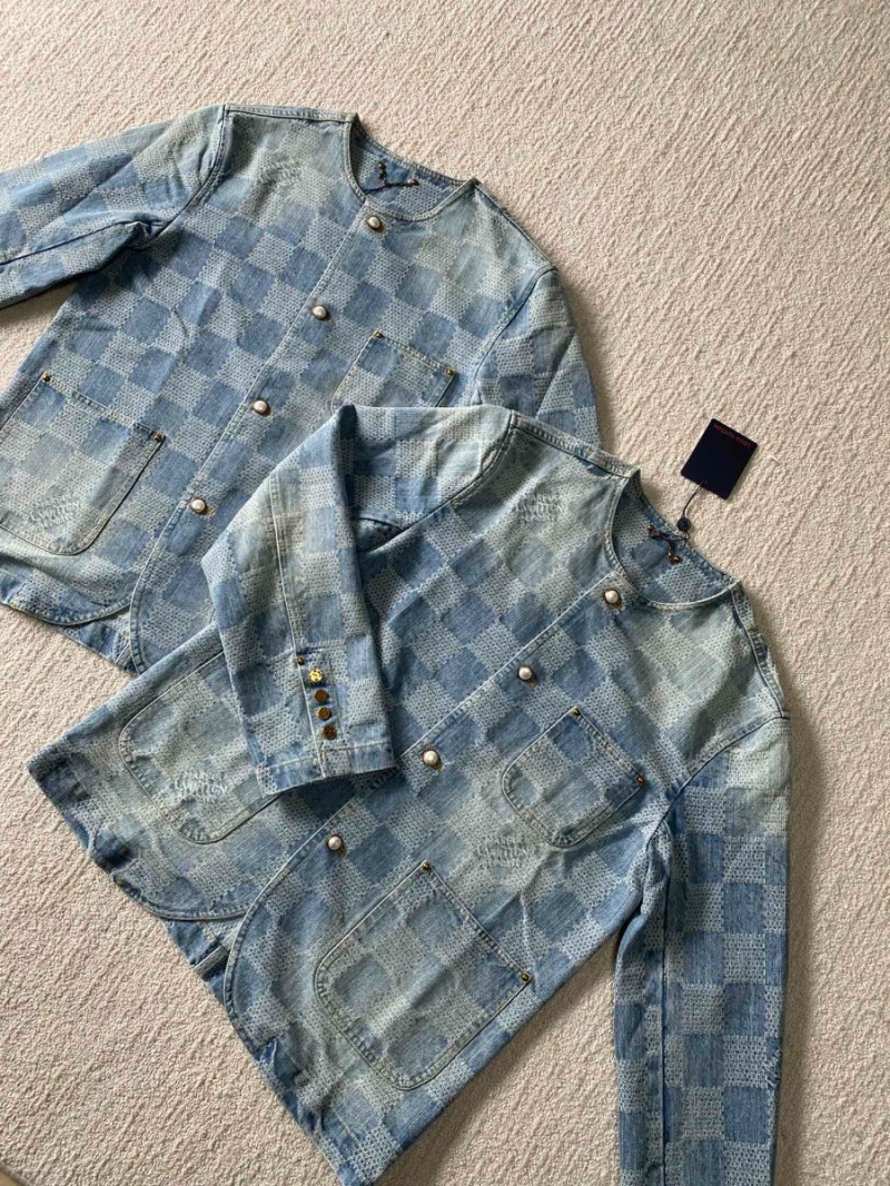  Louis Vuitton Pearl Collection Distressed Denim Jacket Set with 3D Damier Jacquard