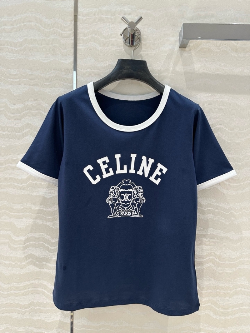 Celine College-Style Contrast-Trim Cotton T-Shirt Blue