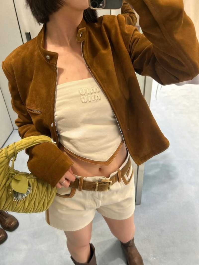 Miu Miu 25SS Contrast Suede-Trim Denim Shorts