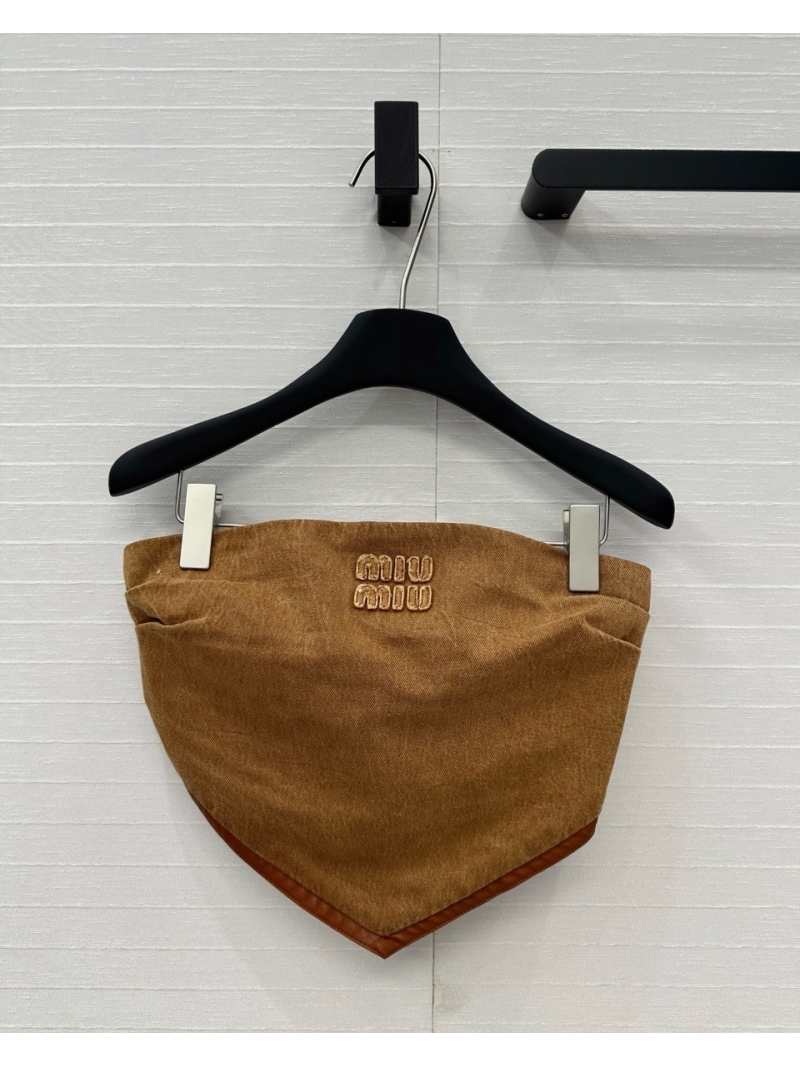 Miu Miu Contrast Suede-Trim Denim Bustier Top Brown