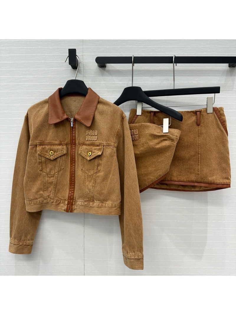 Miu Miu 25SS Retro Suede-Trim Denim Jacket Brown