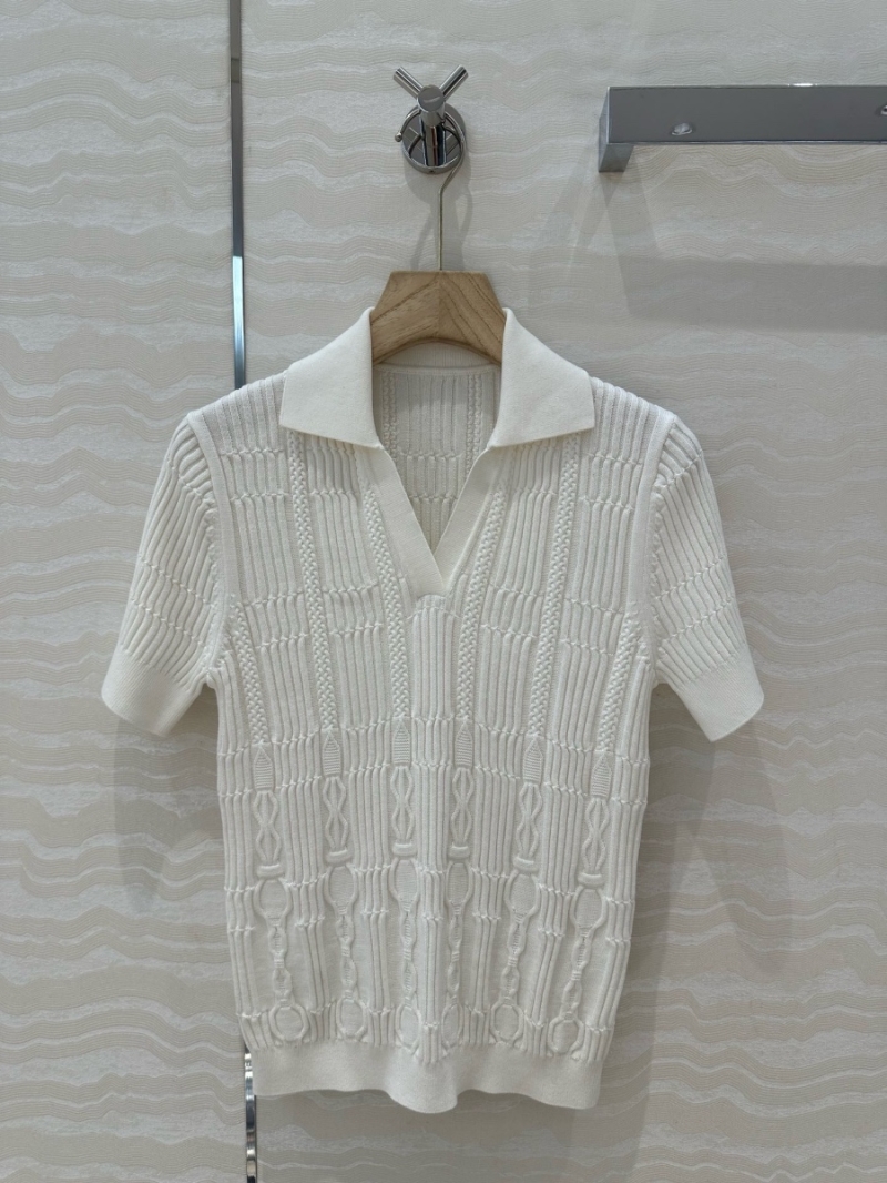 Hermes 2025 Spring/Summer Embossed Jacquard Knit V-Neck Polo Shirt White