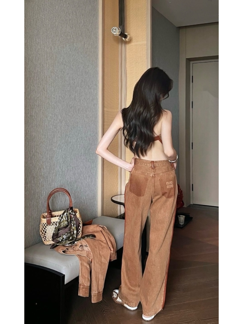 Miu Miu 25SS Retro Suede-Trim Straight-Leg Denim Jeans