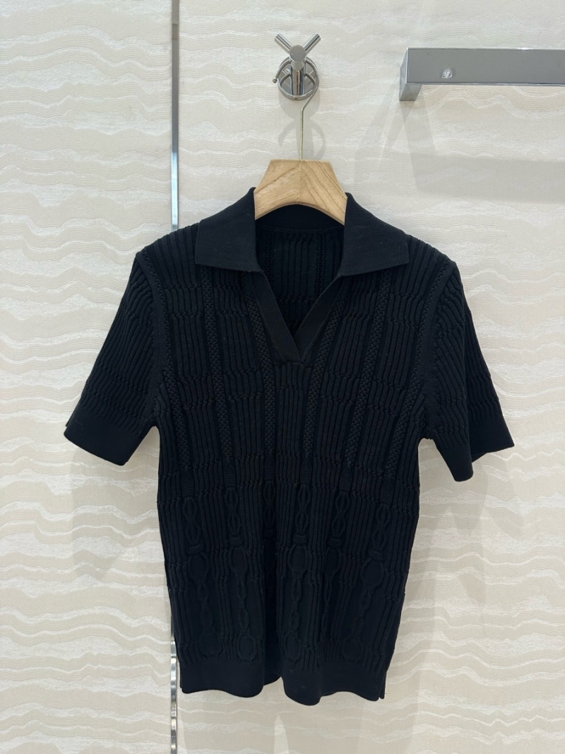 Hermes 2025 Spring/Summer Embossed Jacquard Knit V-Neck Polo Shirt Black