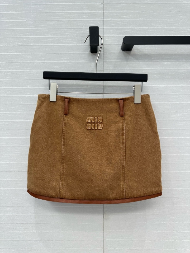 Miu Miu 25SS Leather-Trim Low-Rise Denim Mini Skirt