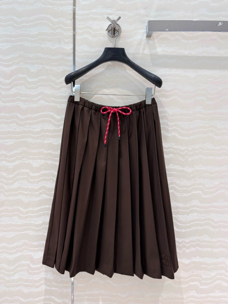 Miu Miu Academy-Style Pleated Long Skirt – Embroidered Detail Brown