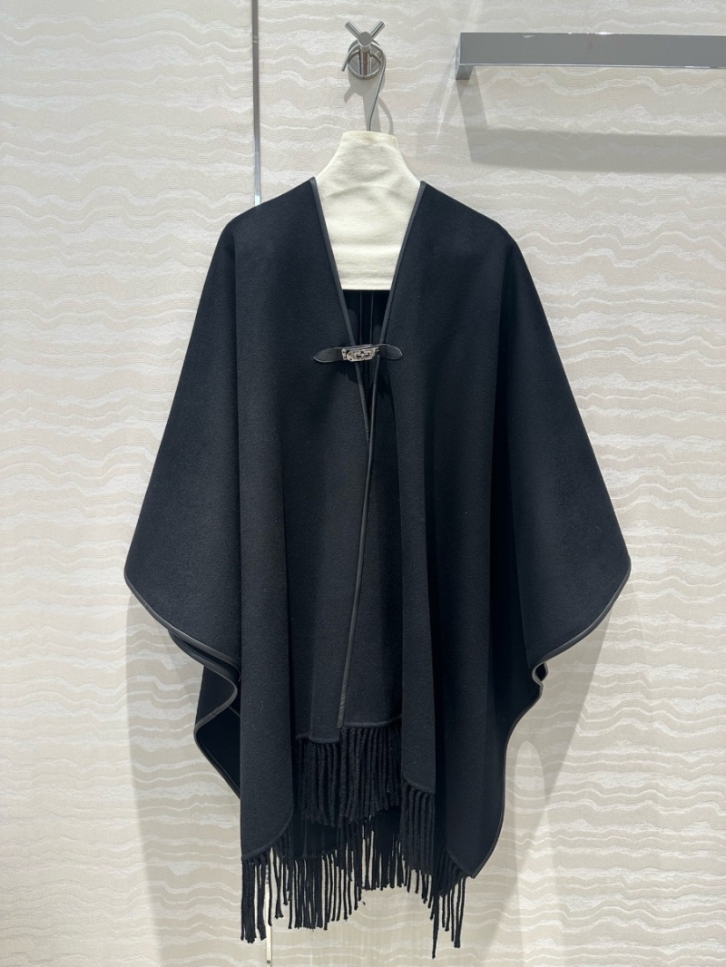 Hermes Wool and Cashmere Cape with Leather Trim Black