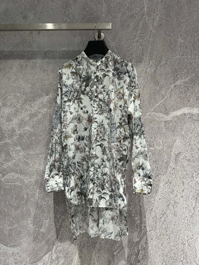Dior 4 Saisons Hiver Motif White Cotton Voile with Multicolor Long Blouse Shirt