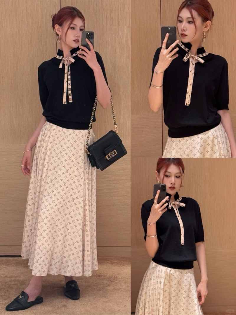 Louis Vuitton LV Spring Summer Lace Collar Knitted Short Sleeve Top