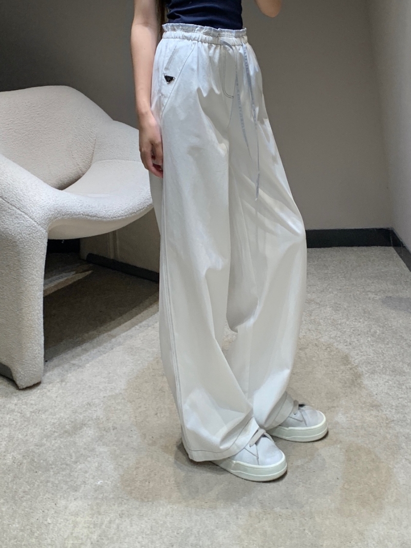 Prada Exclusive Imported Silk Cotton Drawstring Wide-Leg Pants white
