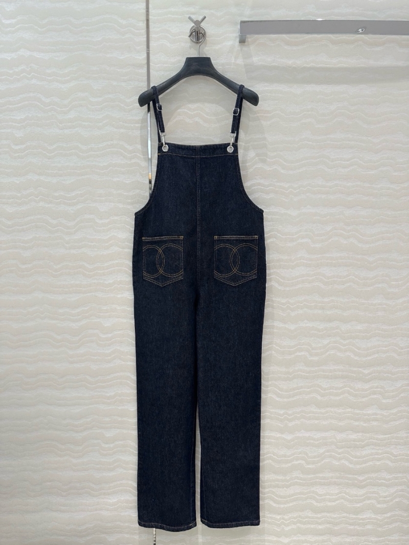 Chanel CC Denim Overalls with Embroidered Pockets