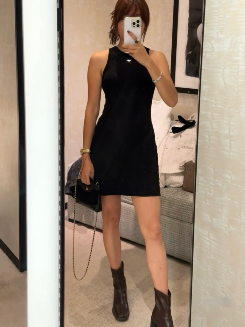 Chanel Spring 25P Waffle Knit Tank Dress Black with Double-C Hardware