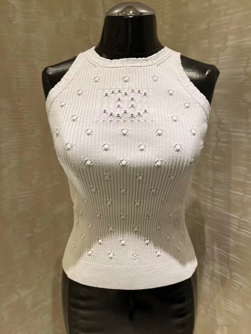 Chanel Spring 2025 Hollow-Out Embossed Knit Tank Top with Double-C Detail white