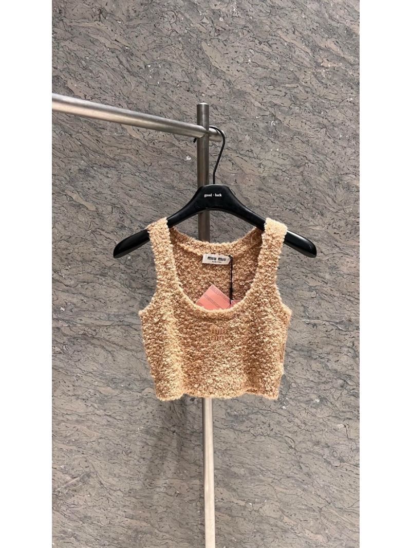 Miu Miu Wool Embroidered Logo Knit Vest Natural Beige