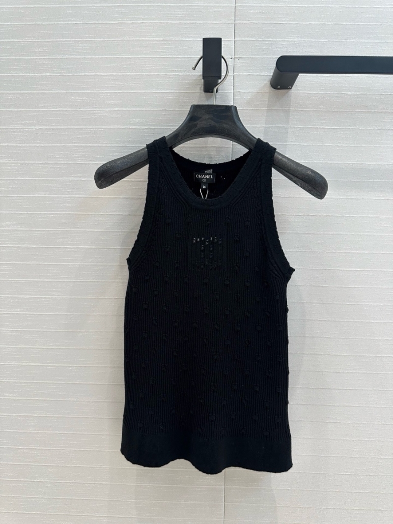 Chanel Spring 2025 Hollow-Out Embossed Knit Tank Top with Double-C Detail Black