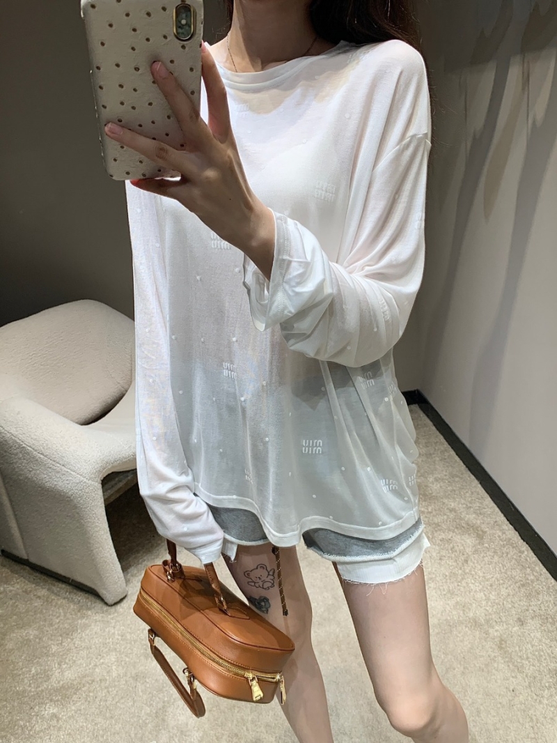 Miu Miu 25SS Spring/Summer New Collection Lightweight Logo Polka Dot Print Sunscreen Long Sleeve T-Shirt - White